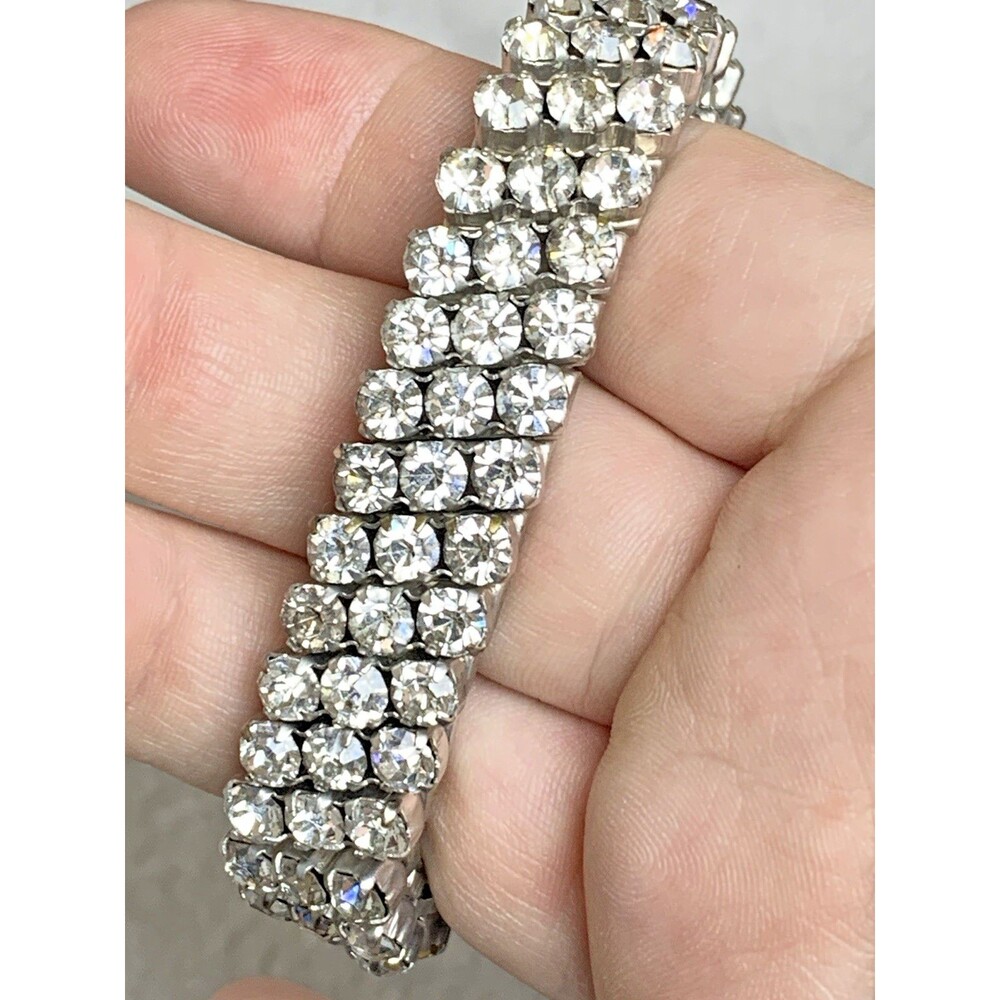 Lot of 2 Vintage Rhinestone Stretch Bracelets Parco Silver Tone Crystal Glam - Picture 6 of 13
